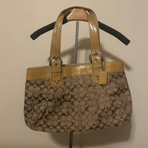 Coach F13743 Soho Pleated Tote Signature C Brown Jacquard Leather Canvas Bag